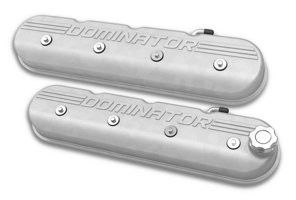 ALUMINUM TALL LS VALVE COVERS WITH "DOMINATOR" LOGO - NATURAL CAST