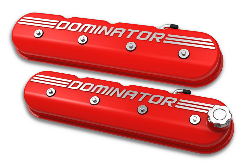 ALUMINUM TALL LS VALVE COVERS WITH "DOMINATOR" LOGO - GLOSS RED FINISH