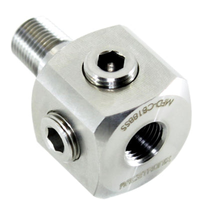 Racetronix 4 Port Distribution Cube for Oil Pressure and Turbo Oil Feeds, 1x1-8" MPT » 5x1-8" FPT, Stainless